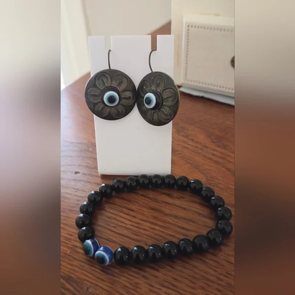 TURKISH Black an Blue Evil Eye Jewelry Set - Picture 2 of 5